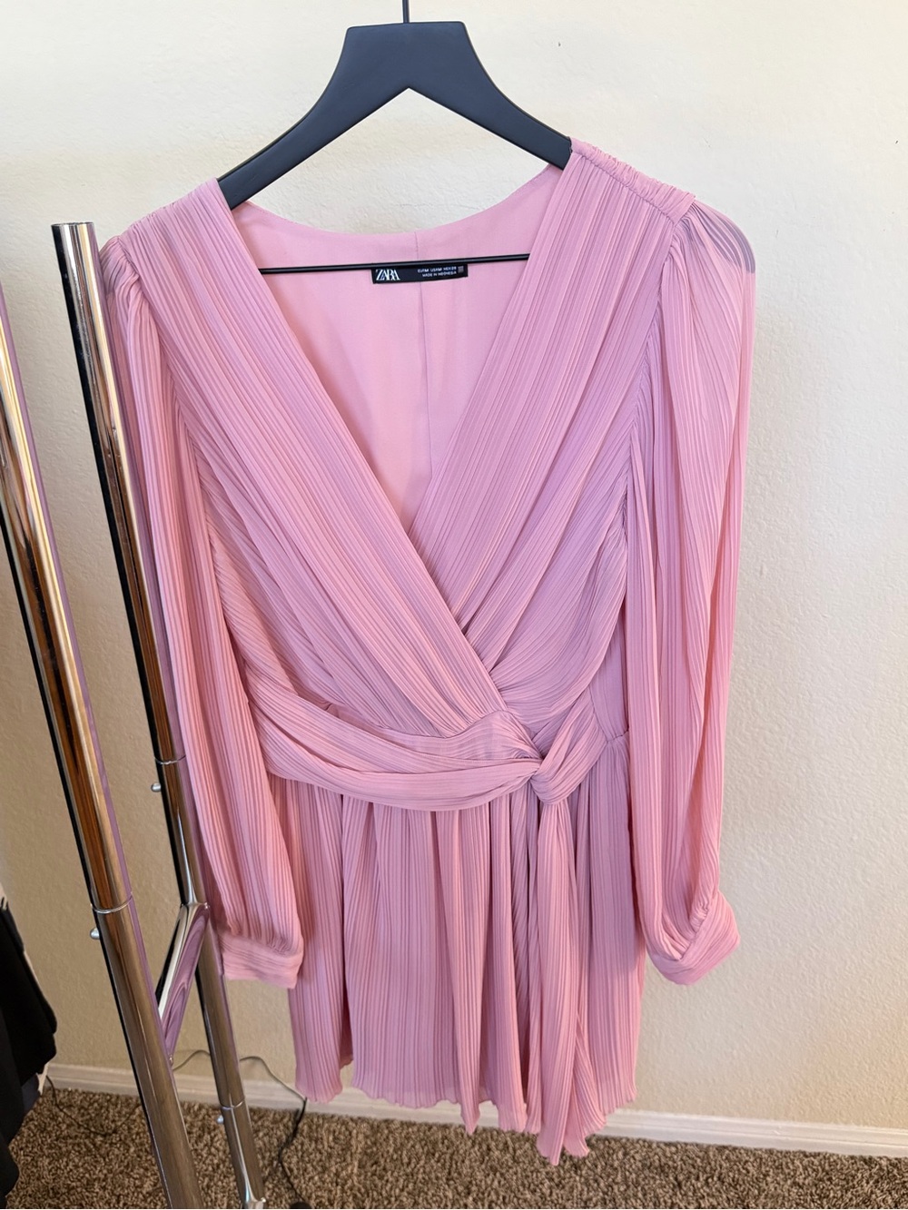 ZARA Soft Pink Pleated Long-Sleeve Wrap Dress